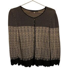 Peruvian Connection Pima Cotton Lace Trimmed Cardigan Black Tan Sweater MED